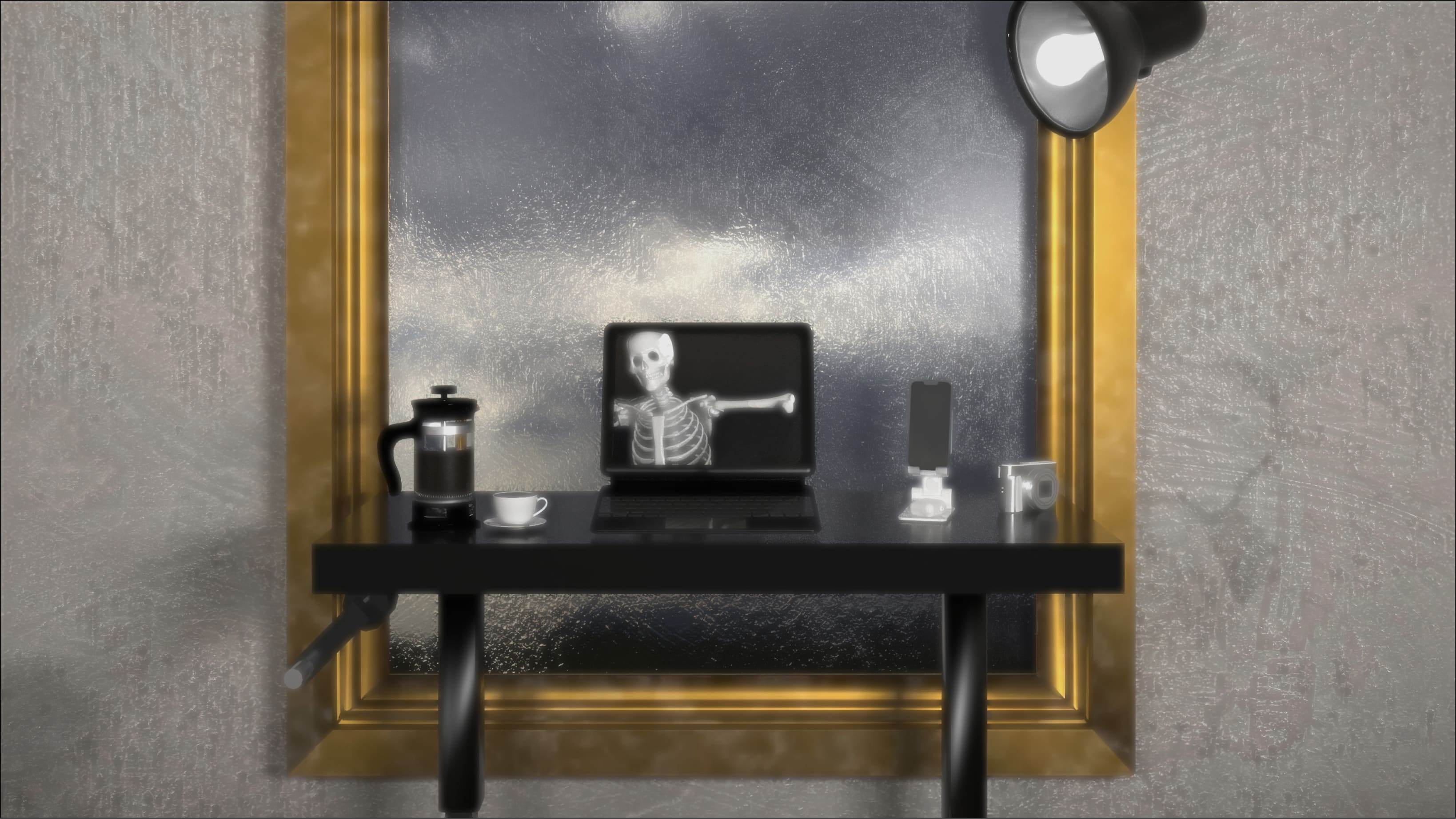 Table with Laptop, iPhone and camera blured