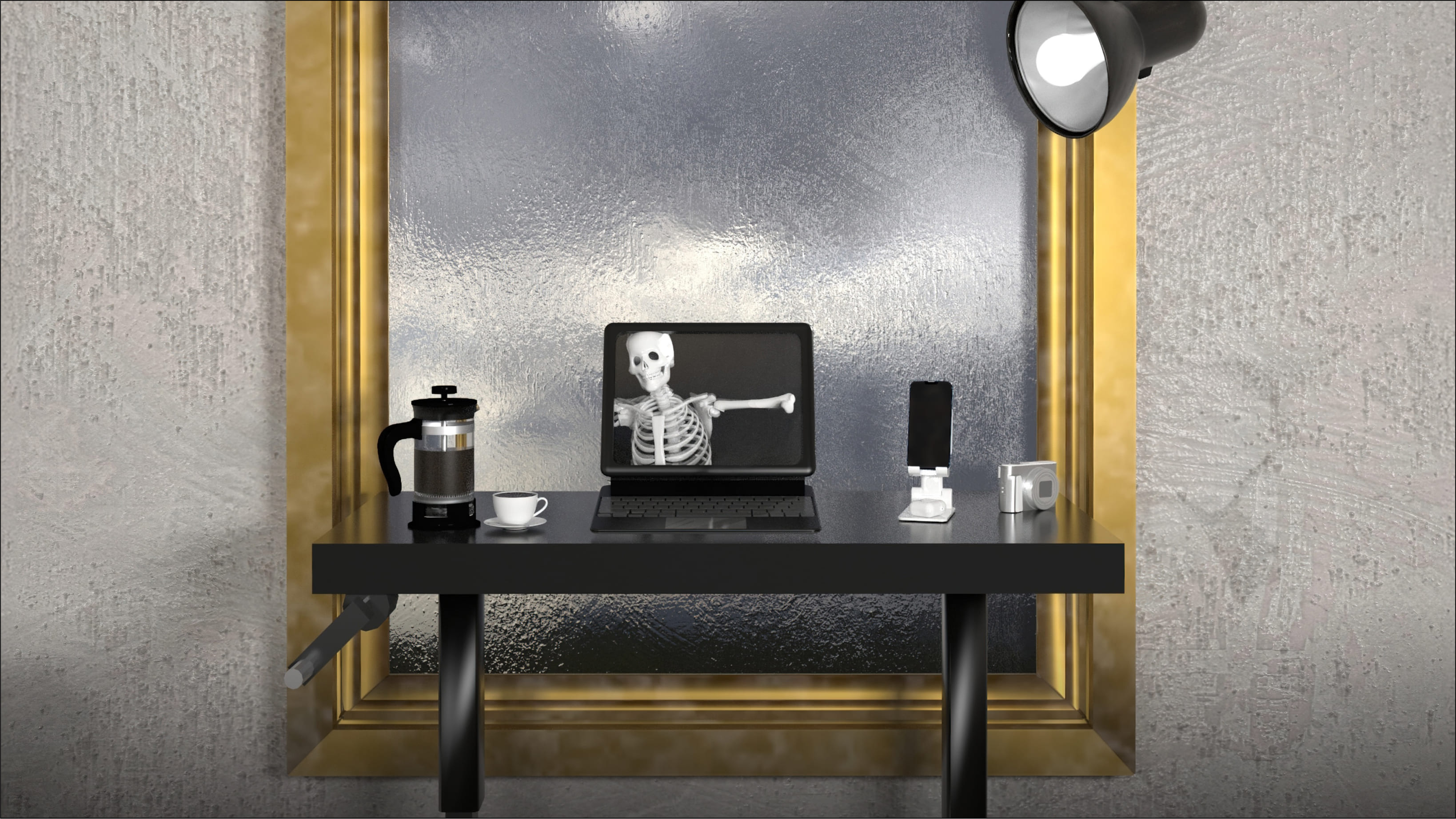 Table with Laptop, iPhone and camera